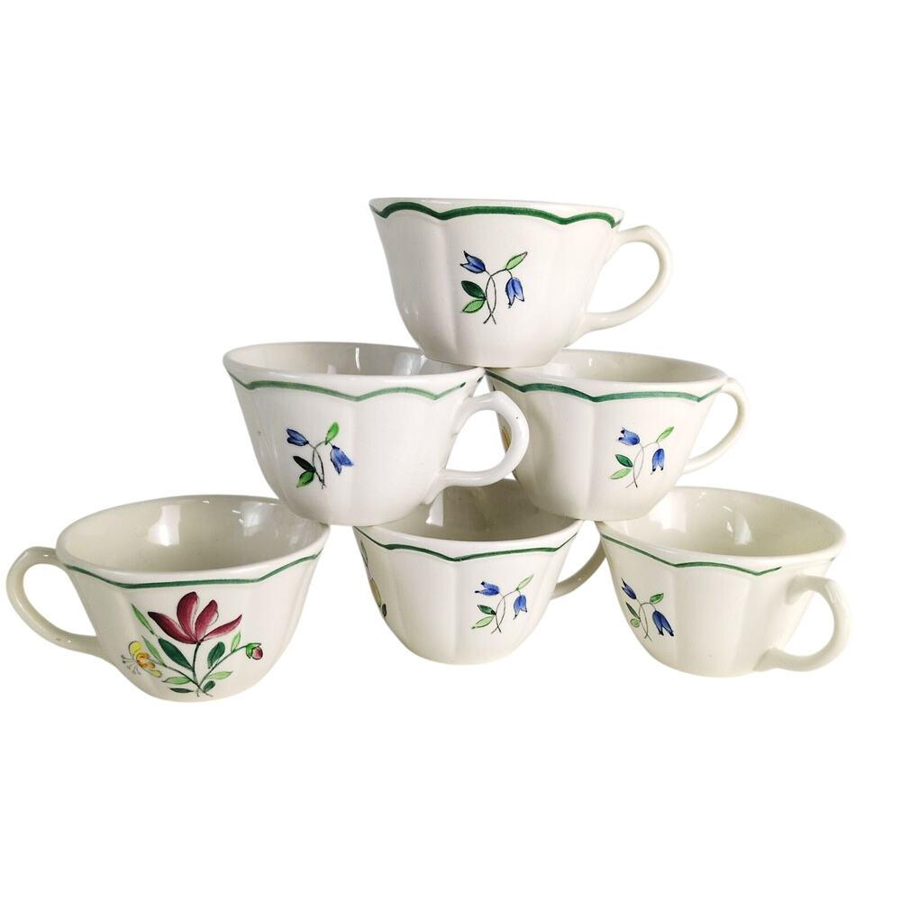 Vintage Set of 6 Longchamp France "Tulip" Tea Cups, Handpainted French Floral